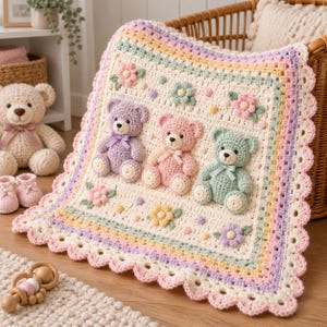 Op de afbeelding: Een vierkante gehaakte babydeken met een crèmekleurig middenstuk en drie driedimensionale teddyberen in lavendel, lichtroze en mintgroen. De deken is versierd met kleine gehaakte bloemetjes en heeft een geschulpte rand in pastelkleuren.