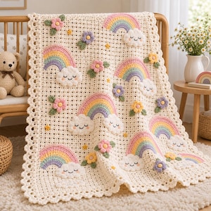 May include: A cream-colored crochet blanket featuring a repeating pattern of colorful rainbows with smiling clouds, small pink, purple, and yellow flowers, and tiny yellow stars. The blanket has a decorative scalloped border along the edges.
