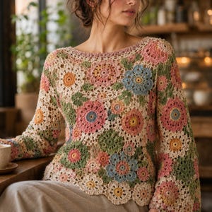 May include: A long-sleeved crochet sweater featuring a multi-colored floral motif pattern. The garment is constructed from interconnected circular flower shapes in shades of dusty pink, sage green, soft blue, cream, and muted orange with a scalloped hem.