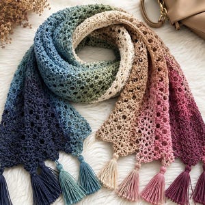 Könnte beinhalten: Ein langer Häkelschal mit einem Farbverlauf von tiefem Marineblau und Türkis bis hin zu Creme, Beige und verschiedenen Rosa- und Magentatönen. Der Schal hat ein durchbrochenes Muster und ist an beiden Enden mit passenden Garnquasten versehen.