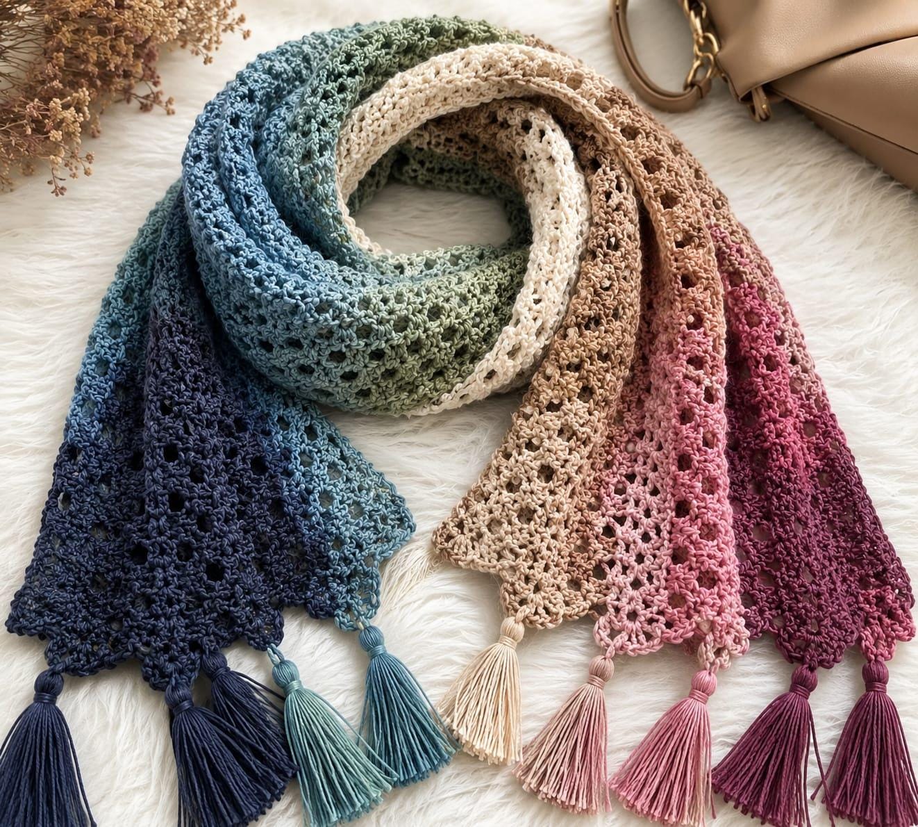Layered Lace Scarf Crochet Pattern, Multicolor Tassels, Pointed