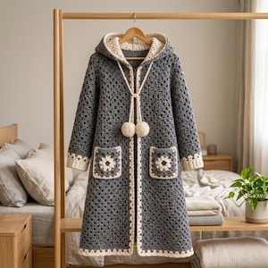 May include: A long-sleeved, hooded cardigan made of dark grey crochet granny squares with cream-coloured trim. The garment features two front pockets with a white floral motif, a front zip, and two cream-coloured pom-poms hanging from the hood.