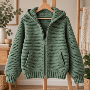 Puede incluir: Una chaqueta con capucha de ganchillo en color verde salvia que presenta una cremallera metálica completa, mangas largas con puños acanalados, dobladillo acanalado y dos bolsillos delanteros. La prenda está tejida con un patrón denso y uniforme.