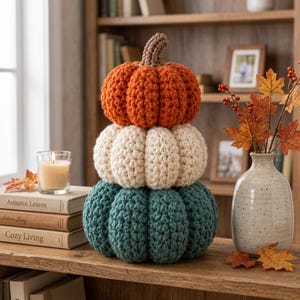Peut inclure: Un ensemble empilé de trois citrouilles au crochet dans les tons orange, crème et bleu sarcelle, chacune présentant une finition en fil texturé et une tige marron. Les citrouilles sont disposées verticalement, orange en haut, crème au milieu.