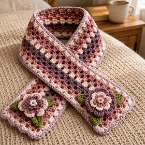 Haakpatroon voor een sjaal, sjaal met bloemen- en strepenmotief, damesnekwarmer (PDF-patroon)