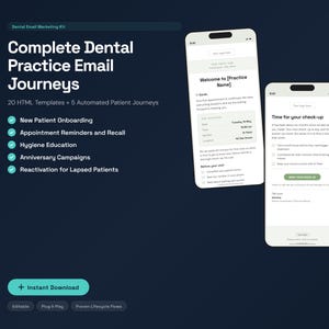 Könnte beinhalten: Ein digitales Marketing-Kit für Zahnarztpraxen. Das Bild zeigt drei Smartphones, die E-Mail-Vorlagen anzeigen. Der Text auf dem Bildschirm enthält „Willkommen bei [Praxisname]“ und „Zeit für Ihren Check-up“. Das Kit enthält 20 HTML-Vorlagen und 5 automatisierte Patientenreisen.