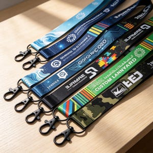 Puede incluir: Una colección de cinco cordones de tela con mosquetones de metal negro. Los diseños incluyen patrones de olas azules, motivos de cielo estrellado, formas geométricas, bloques de píxeles coloridos, camuflaje verde y texto como Custom Lanyard y Surwire.