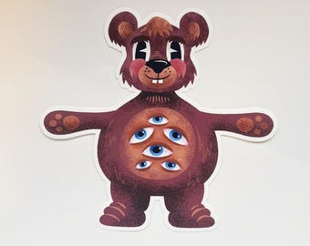 Cute Multi-Eyed Bear Sticker | Whimsical All-Seeing Teddy Bear Vinyl Decal