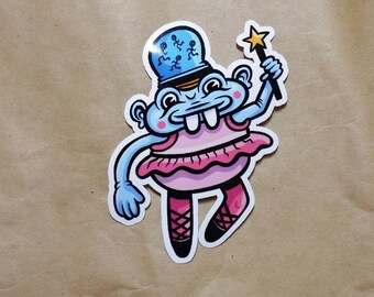 Cute Magical Hippo Ballerina Sticker - Blue Hippo with Tutu & Magic Wand, Fantasy Animal Decal