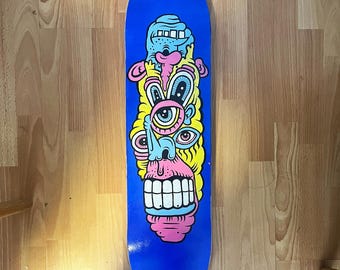 Vibrant Psychedelic Monster Face Skateboard Deck - Hand Painted Original Art