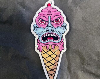 Funny Melting Ice Cream Sticker - Angry Zombie Face Cartoon Vinyl Decal