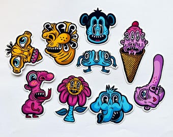 Weirdcore Monster Sticker Pack - 9 Grotesque Cute Cartoon Stickers - Surreal Funny Vinyl Decals