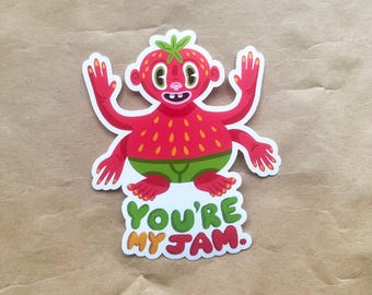 You're My Jam Strawberry Sticker - Cute Cartoon Fruit Pun Vinyl Sticker for Laptop, Water Bottle, Journal
