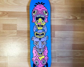 Psychedelic Mutant Totem Skateboard Deck - Hand Painted Blue Monster Art
