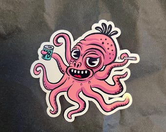 Funny Pink Octopus Sticker – Grumpy Cartoon Octopus Smoking & Drinking Beer Vinyl Decal