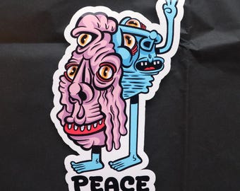 Psychedelic Alien Peace Sticker - Two Headed Monster "Peace" Vinyl Decal | Trippy Weirdcore Art, Groovy Alien Gift