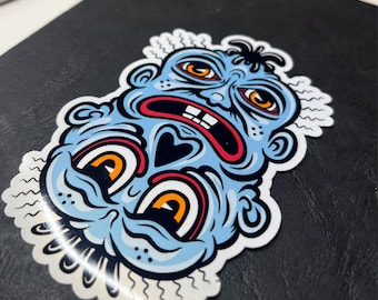 Blue Monster Sticker – Double-Faced Totem, Grunge Illustration Decal