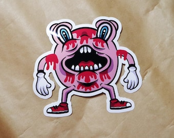 Creepy Cute Pink Monster Sticker - Screaming Horror donuts with Blood Drip, Vinyl Decal