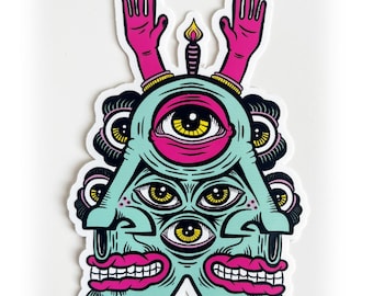 Psychedelic Multi-Eyed Monster Sticker - Trippy Teal Third Eye Creature Vinyl Decal