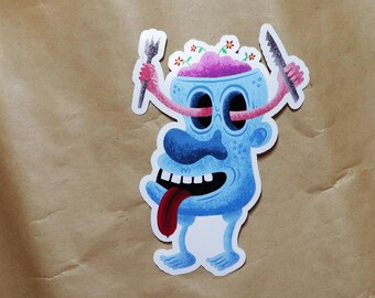 Blue Brain Monster Sticker - Cute Zombie Holding Fork & Knife, Creepy Cute Decal