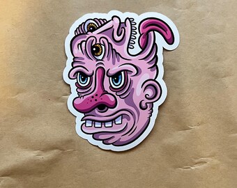 Pink Mutant Demon Face Sticker - Grotesque Cartoon Vinyl Decal