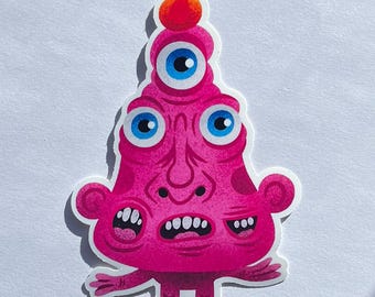 Pink Genie Monster Sticker - Multi Eyed Flame Creature Weird Art Decal