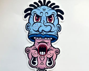 Two Headed Monster Sticker | Angry Blue & Screaming Pink Grotesque Cartoon Vinyl Decal