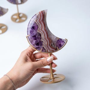 Amethyst Agate Crescent Moon on Stand | Natural Polished Crystal Slice, Spiritual Home Decor, Healing Crystal Gift