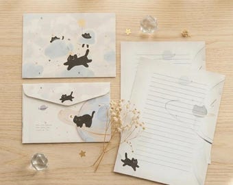 Set di cancelleria con acquerelli a tema gatto nero, carta da lettere cosmica, regalo di laurea per insegnanti.