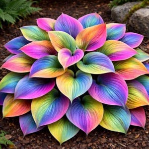 Könnte beinhalten: Eine lebendige, farbenfrohe Pflanze mit großen, herzförmigen Blättern. Die Blätter zeigen einen Farbverlauf, darunter Rosa, Lila, Blau, Grün, Gelb und Orange. Die Pflanze befindet sich in einem Garten, wobei braune Erde sichtbar ist.