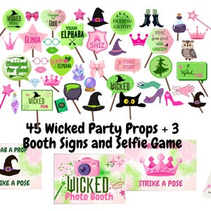 Wicked Party Props Bundle PNG · 45 fotobåsrekvisita + skattjakt · Direkt nedladdning · Utskrivbart partyspel · Musikalteaterpartykit