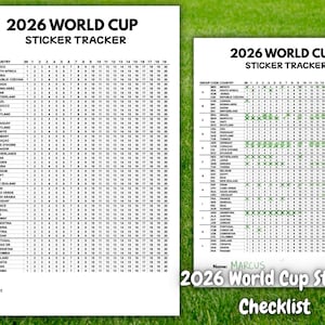 Könnte beinhalten: Zwei weiße Papierbögen mit einem 2026 World Cup Sticker Tracker. Die Tabellen listen die Gruppen A bis L mit Ländernamen und nummerierten Spalten von 00 bis 20 auf. Ein Bogen ist leer, während der andere handschriftliche grüne Kreuze zeigt.