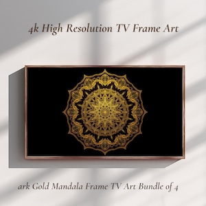 May include: A rectangular digital display featuring a gold mandala pattern on a solid black background, framed in a thin brown border. The text 4k High Resolution TV Frame Art and ark Gold Mandala Frame TV Art Bundle of 4 is visible.