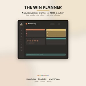 Könnte beinhalten: Eine digitale Planer-Oberfläche mit dem Titel THE WIN PLANNER, konzipiert für neurodivergente Nutzer. Der dunkle Bildschirm zeigt Bereiche für tägliche Aufgaben, Energie-Tracking und Erfolge sowie Hinweise für GoodNotes, Notability und PDF-Apps.