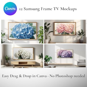 Könnte beinhalten: Eine digitale Sammlung von 12 Samsung Frame TV-Mockups mit verschiedenen Hortensien-Blumendarstellungen. Der Text lautet 12 Samsung Frame TV Mockups und Easy Drag & Drop in Canva · No Photoshop needed. Jedes Display zeigt eine andere Blume.