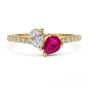 18k Yellow Gold Ruby & Diamond Toi et Moi Ring | Natural Ruby Diamond Engagement Ring | Pear Diamond Ring | Anniversary Gift