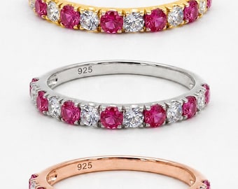 Natuurlijke robijn en witte saffier Eternity-ring 925 sterlingzilver, roségoud geelgoud witgoud gratis plating, jubileumband, cadeau haar