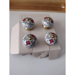 Set of 4 Hand Painted Ceramic Floral Cabinet Drawer Knobs Pulls Hardware