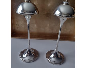 Vintage Hejl Denmark Silverplate EP Brass Lamp Oil Pair Mid Century Atomic Pair MCM