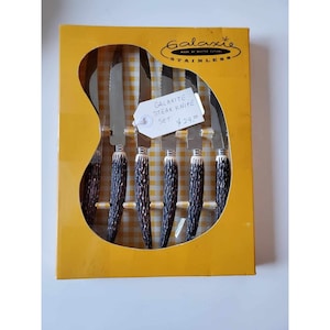 Può includere: Un set di sei coltelli da bistecca in acciaio inossidabile Galaxie con manici marroni testurizzati, presentati in una scatola gialla con finestra. Un'etichetta bianca sul coltello centrale riporta la scritta Galaxite Steak Knife Set $24.00.