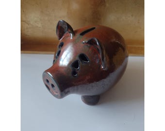 Skarbonka z ceramiki Vintage Studio Art w kolorze brązowo-czerwonym, z glazurą kropelkową, znak myszy 9,5 cala