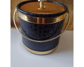 Wiaderko na lód Vintage Kraftware w kolorze czarnym, ze złotym wykończeniem i imitacją krokodyla MCM Barware NYC