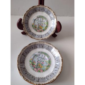 Op de afbeelding: Twee vintage porseleinen schoteltjes. Elk schoteltje heeft een centrale landschapsscène met bomen en bloemen, omgeven door een grijs-witte rand. De randen zijn geschulpt en afgewerkt met goud. De schoteltjes worden op een houten standaard getoond.