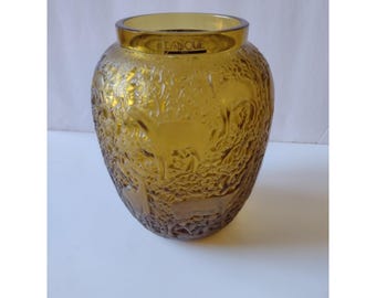 Raro vaso Lalique Biches da 7 pollici in cristallo ambrato satinato, firmato Deer Art Glass, Francia