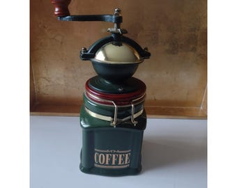 Vintage Herman Dodge & Sons Ręczny Młynek do Kawy Zielony Ceramiczny Słoik Drewniany Gałka