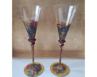 Vintage Monarch Crystal Monaco Champagne Flutes Romania Para Malowanych Ręcznie 11"