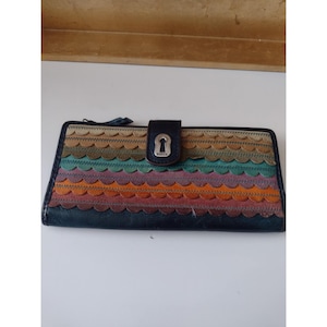 Fossil Läderplånbok Flerfärgad Kammusslad Patchwork Bifold Kuvertväska Nyckelhåls 7,5"