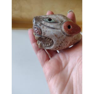 Vintage Mexican Hand Painted Clay Jaguar Death Roar Whistle Aztec Folk Art 4"