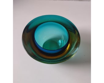 1950s 60s Murano Flavio Poli Sommerso Aventurine Dresser Dish Turquoise Gold
