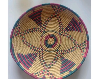 Vintage handvävd spiralformad korg, vägghängande bricka, stor boho tribal 40 cm